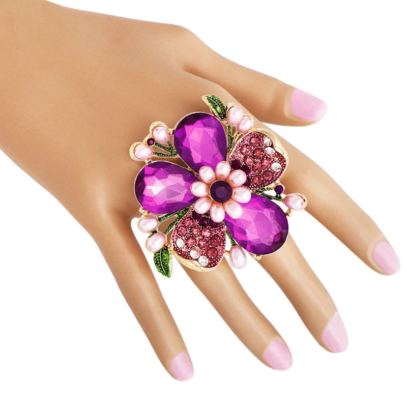 Stunning Crystal Pave Teardrop and Simulated Pearl Flower Stretch Statement Cocktail Ring (Purple Crystal/Gold Tone)