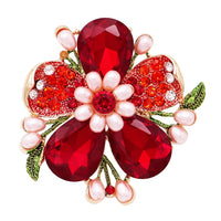 Stunning Crystal Pave Teardrop and Simulated Pearl Flower Stretch Statement Cocktail Ring (Red Crystal/Gold Tone)