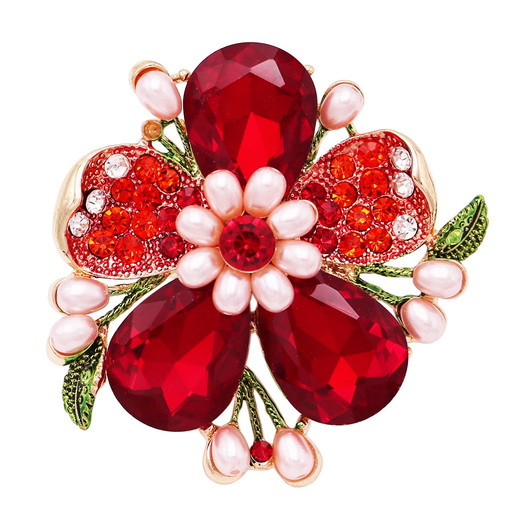 Stunning Crystal Pave Teardrop and Simulated Pearl Flower Stretch Statement Cocktail Ring (Red Crystal/Gold Tone)