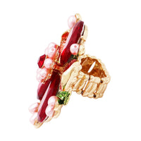 Stunning Crystal Pave Teardrop and Simulated Pearl Flower Stretch Statement Cocktail Ring (Red Crystal/Gold Tone)