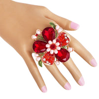 Stunning Crystal Pave Teardrop and Simulated Pearl Flower Stretch Statement Cocktail Ring (Red Crystal/Gold Tone)