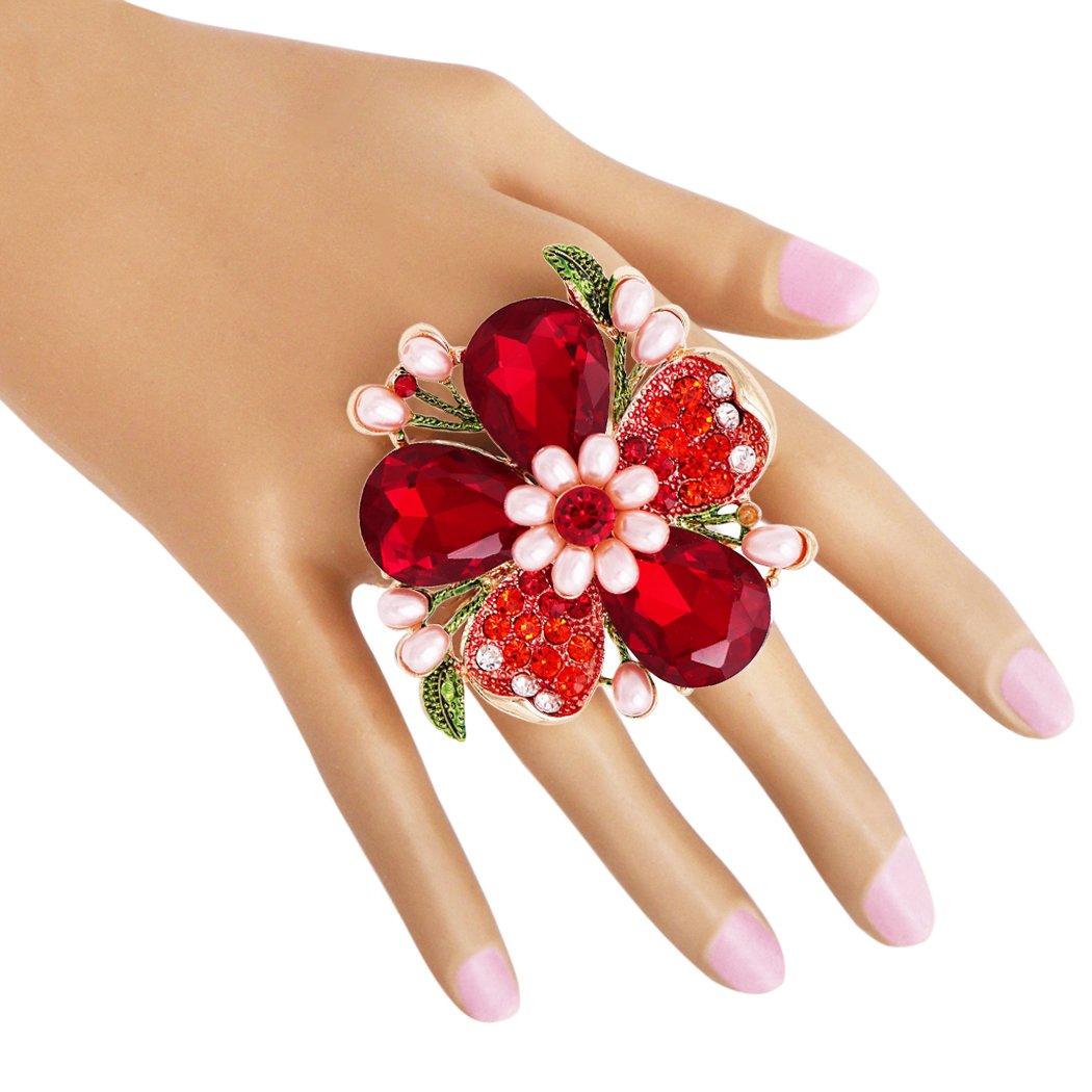 Stunning Crystal Pave Teardrop and Simulated Pearl Flower Stretch Statement Cocktail Ring (Red Crystal/Gold Tone)