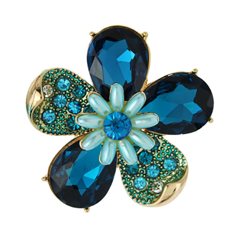 Stunning Crystal Pave Teardrop and Simulated Pearl Flower Stretch Statement Cocktail Ring (SMALL Blue Crystal Gold Tone)