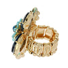 Stunning Crystal Pave Teardrop and Simulated Pearl Flower Stretch Statement Cocktail Ring (SMALL Blue Crystal Gold Tone)