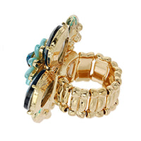 Stunning Crystal Pave Teardrop and Simulated Pearl Flower Stretch Statement Cocktail Ring (SMALL Blue Crystal Gold Tone)