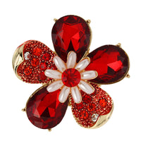 Stunning Crystal Pave Teardrop and Simulated Pearl Flower Stretch Statement Cocktail Ring (SMALL Red Crystal Gold Tone)