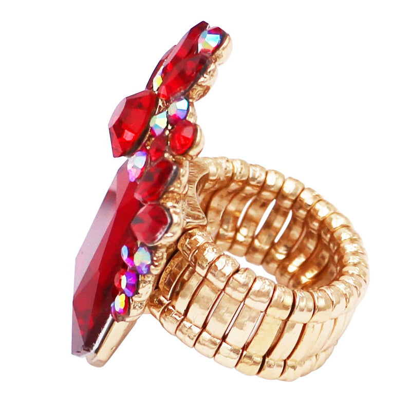 Stunning Statement Emerald Cut Glass Crystal Stretch Cocktail Ring (Red/Gold Tone)