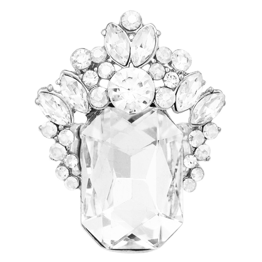 Stunning Statement Emerald Cut Glass Crystal Stretch Cocktail Ring (Clear Crystal Silver Tone)