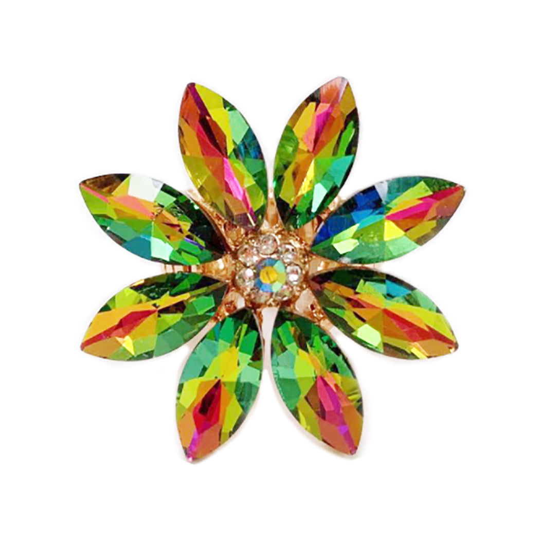 Stunning Crystal Flower Stretch Cocktail Ring, 1.5" (Rainbow Vitrail/Gold Tone)