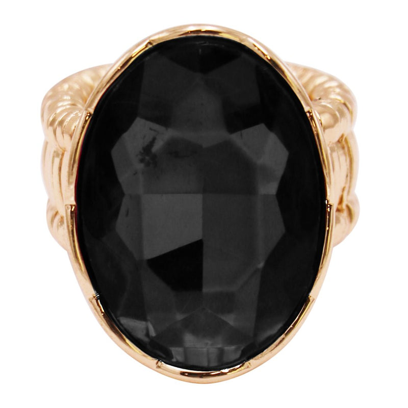 Statement Oval Crystal Stretch Cocktail Ring (Gold Tone Jet Black)