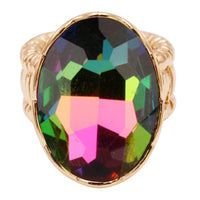 Statement Oval Crystal Stretch Cocktail Ring (Gold Tone Rainbow Vitrail Crystal)