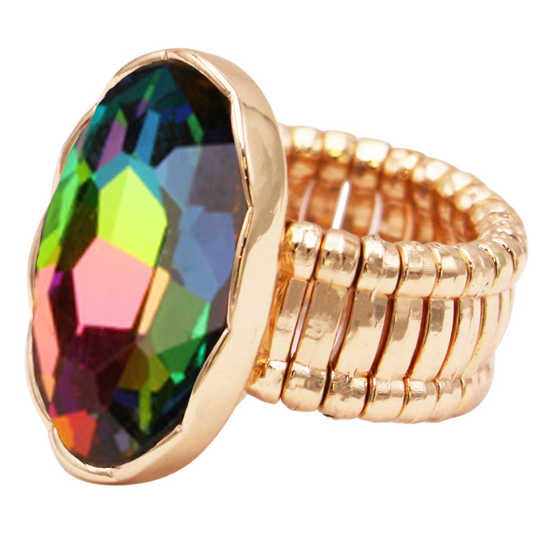 Statement Oval Crystal Stretch Cocktail Ring (Gold Tone Rainbow Vitrail Crystal)