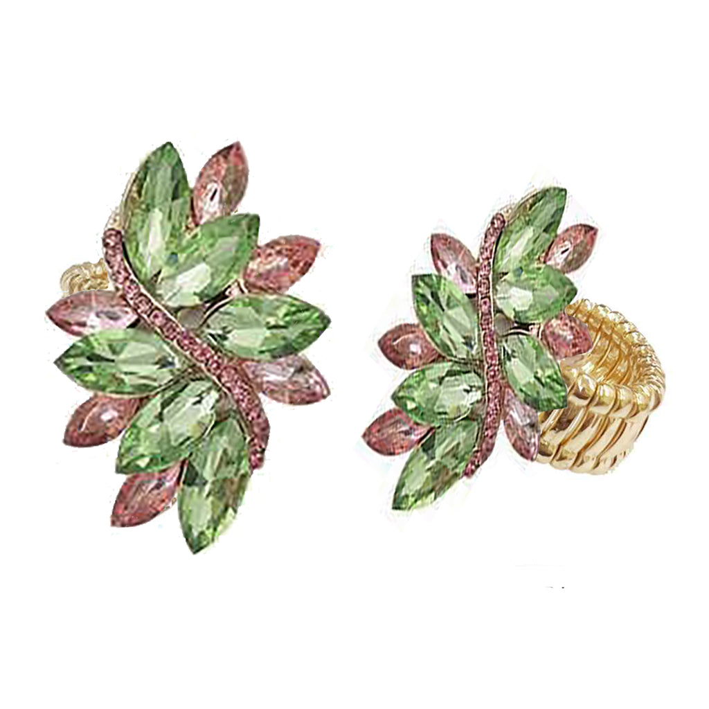 Dazzling Crystal Marquis Leaf Cluster Statement Stretch Cocktail Ring (Green With Pink Crystal Gold Tone)