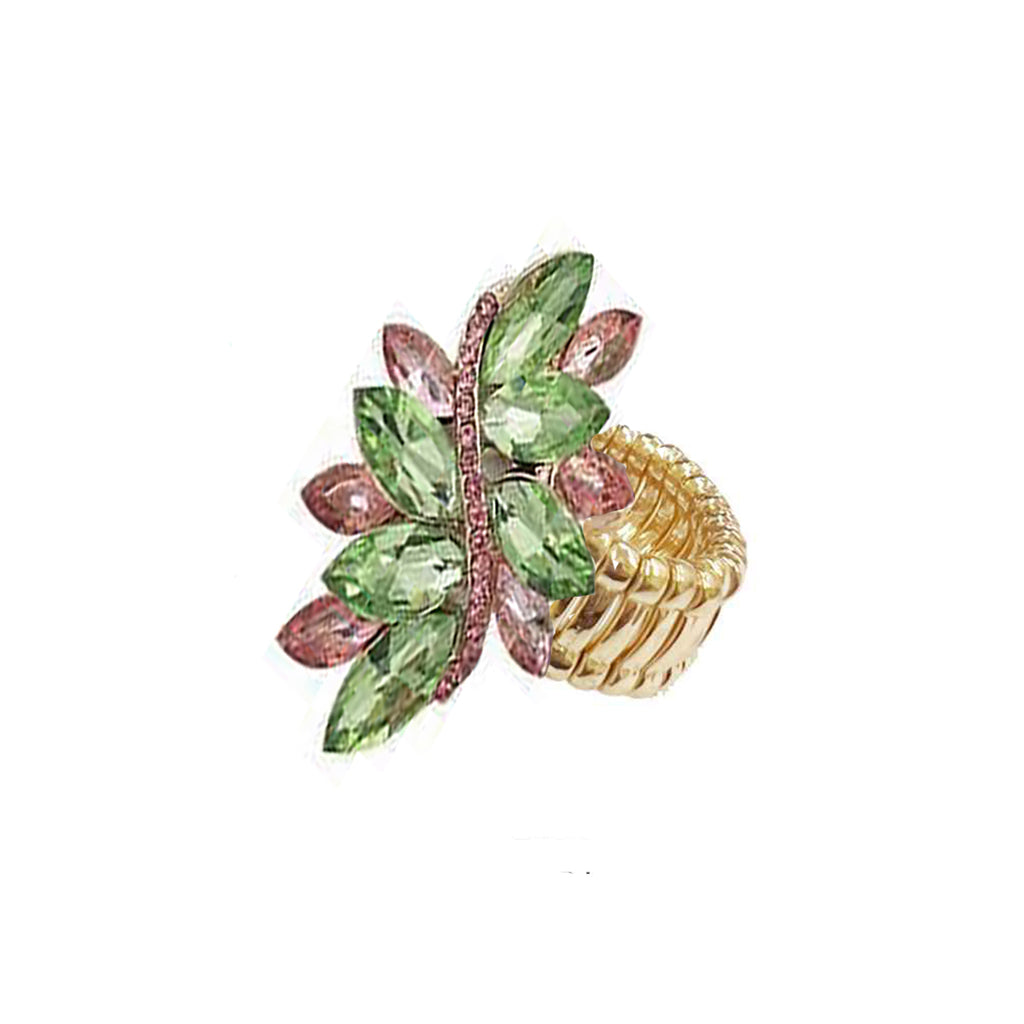Dazzling Crystal Marquis Leaf Cluster Statement Stretch Cocktail Ring (Green With Pink Crystal Gold Tone)