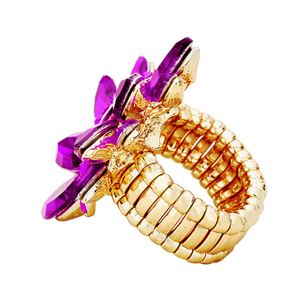 Dazzling Crystal Leaf Stretch Cocktail Ring (Purple/Gold Tone)