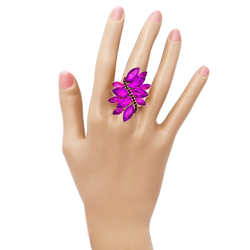 Dazzling Crystal Leaf Stretch Cocktail Ring (Purple/Gold Tone)