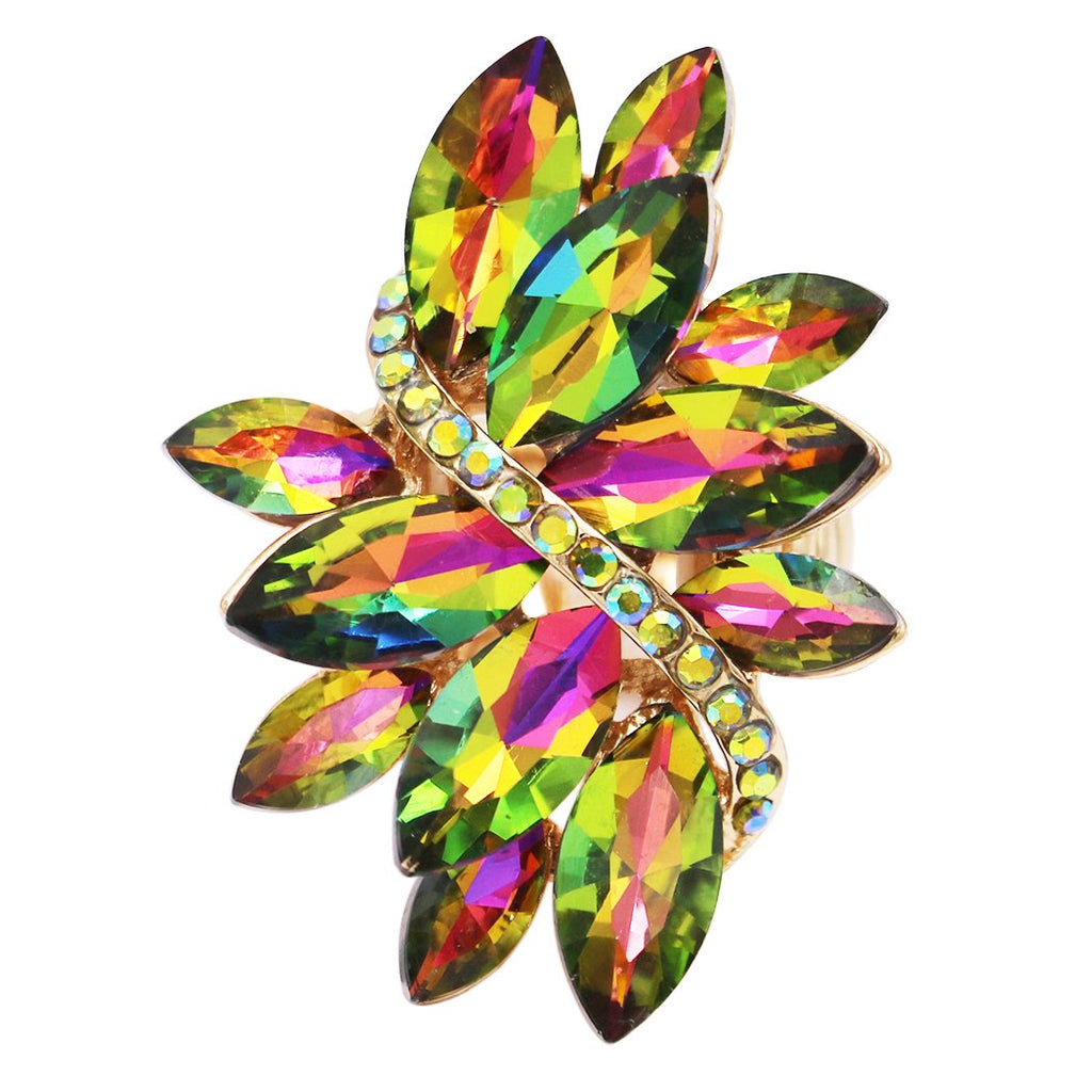 Dazzling Crystal Leaf Stretch Cocktail Ring (Rainbow Vitrail Medium/Gold Tone)