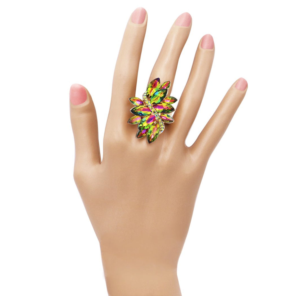 Dazzling Crystal Leaf Stretch Cocktail Ring (Rainbow Vitrail Medium/Gold Tone)