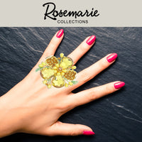 Stunning Statement Crystal Teardrop And Pave Petals With Simulated Pearl Flower Large Stretch Cocktail Ring (Golden Brown Topaz Gold Tone)