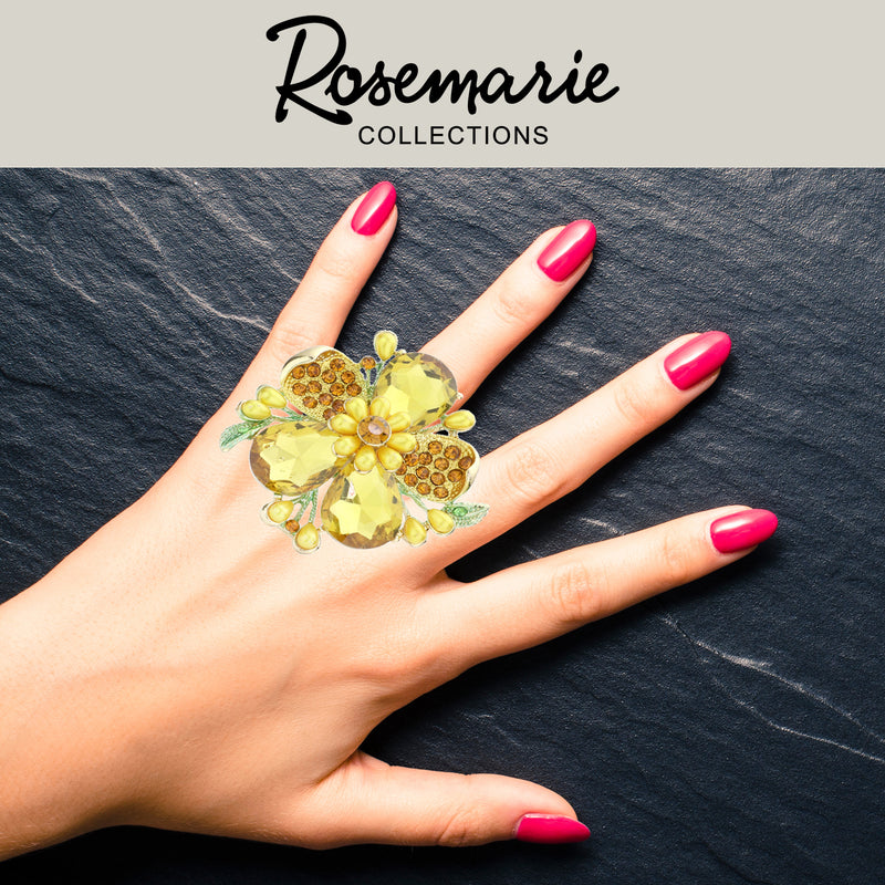 Stunning Statement Crystal Teardrop And Pave Petals With Simulated Pearl Flower Large Stretch Cocktail Ring (Golden Brown Topaz Gold Tone)