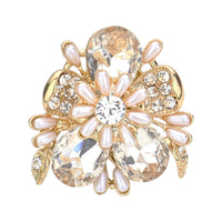 Stunning Statement Crystal Teardrop And Pave Petals With Simulated Pearl Flower Stretch Cocktail Ring, 1.75" (Clear Crystal Gold Tone)
