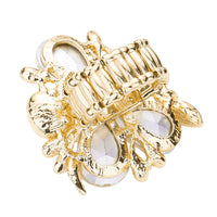 Stunning Statement Crystal Teardrop And Pave Petals With Simulated Pearl Flower Stretch Cocktail Ring, 1.75" (Clear Crystal Gold Tone)