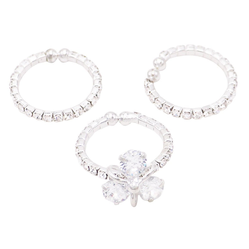 Silver Tone Glass Crystal Flower Memory Wire 3 Piece Ring Set