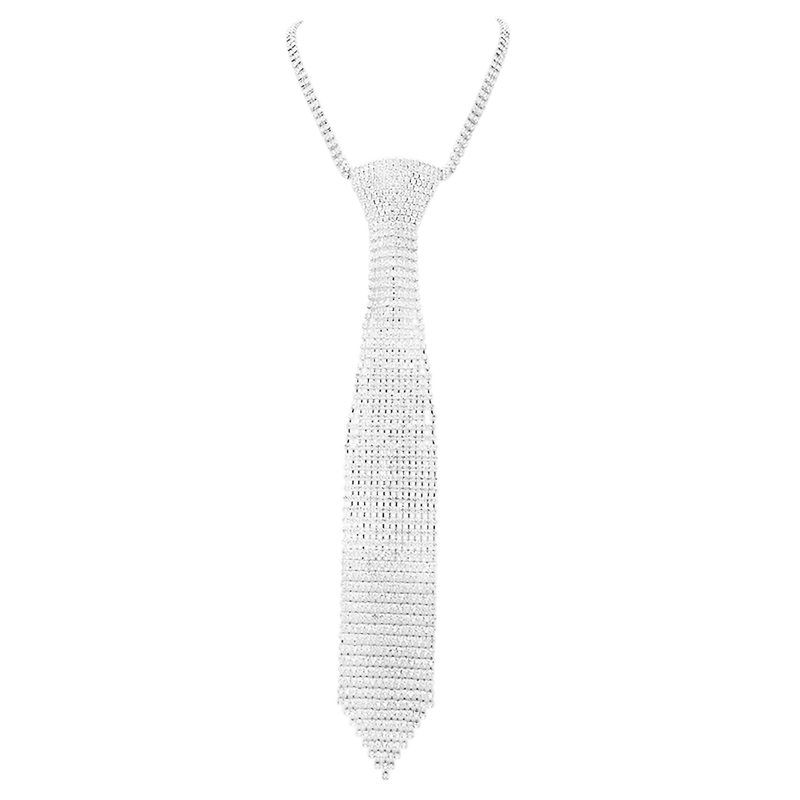 Stunning Crystal Rhinestone Necktie Necklace, 18"+3" Extender (Silver Tone Clear Crystal)