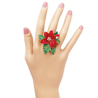Women's Oversize Dazzling Crystal Pave Christmas Holiday Poinsettia Flower Stretch Cocktail Ring