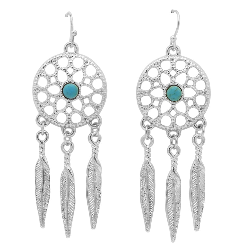 Silver Tone Triple Feather Dream Catcher Dangle Earrings