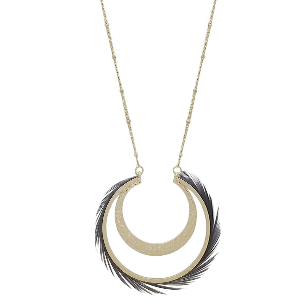 Crescent Moon and Feather Circle Statement Necklace