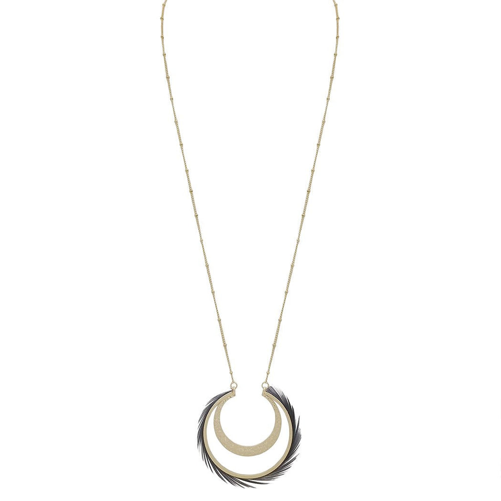 Crescent Moon and Feather Circle Statement Necklace