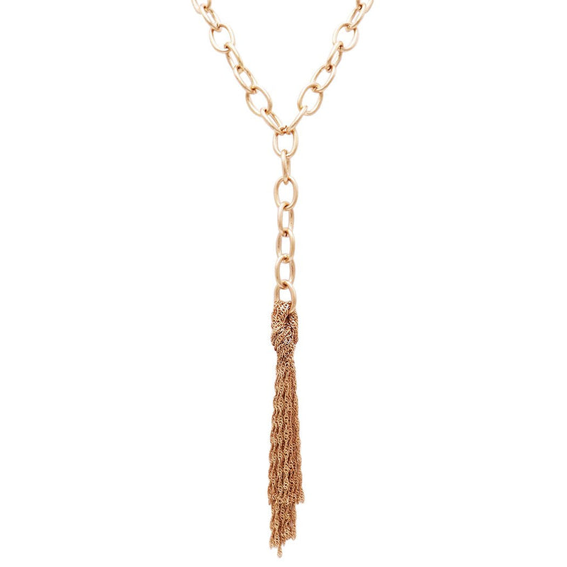 Statement Matte Gold Y-Drop with Chain Fringe Tassel Necklace