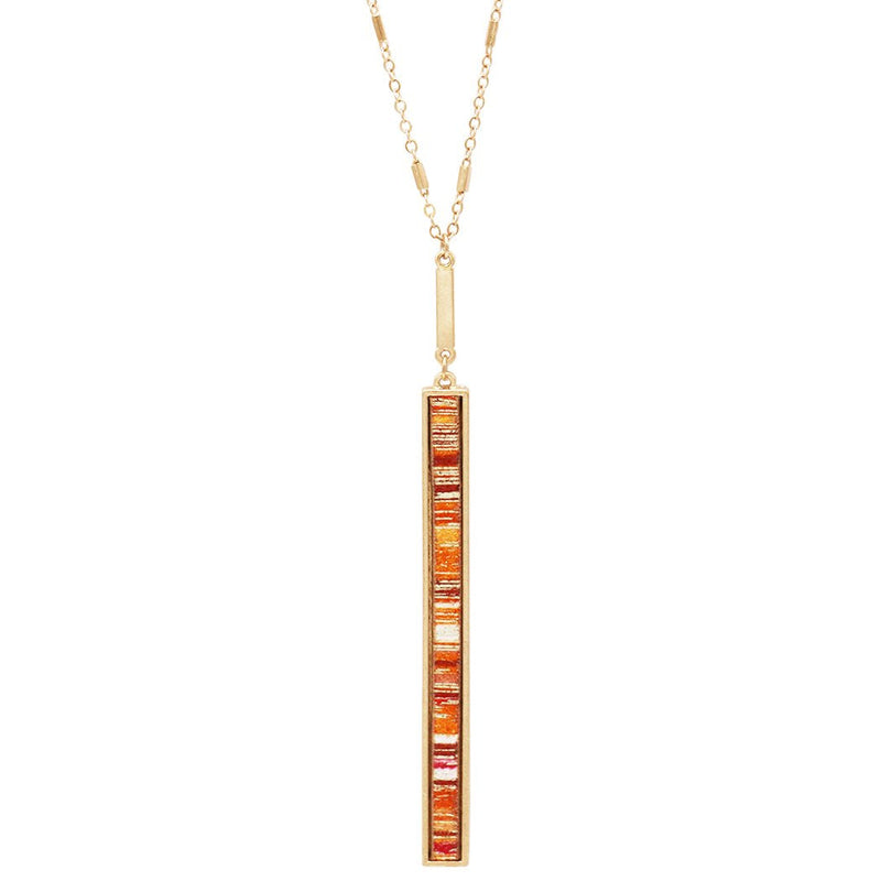 Statement Metal and Suede Orange Vertical Bar Necklace Earring Set (Necklace Only)