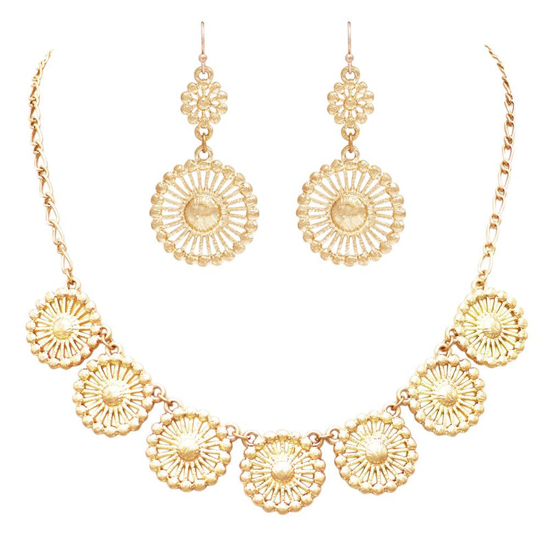 Beautiful Metal Filigree Disc Doily Necklace Earring Jewelry Set 18"- 21" with 3" long Extender