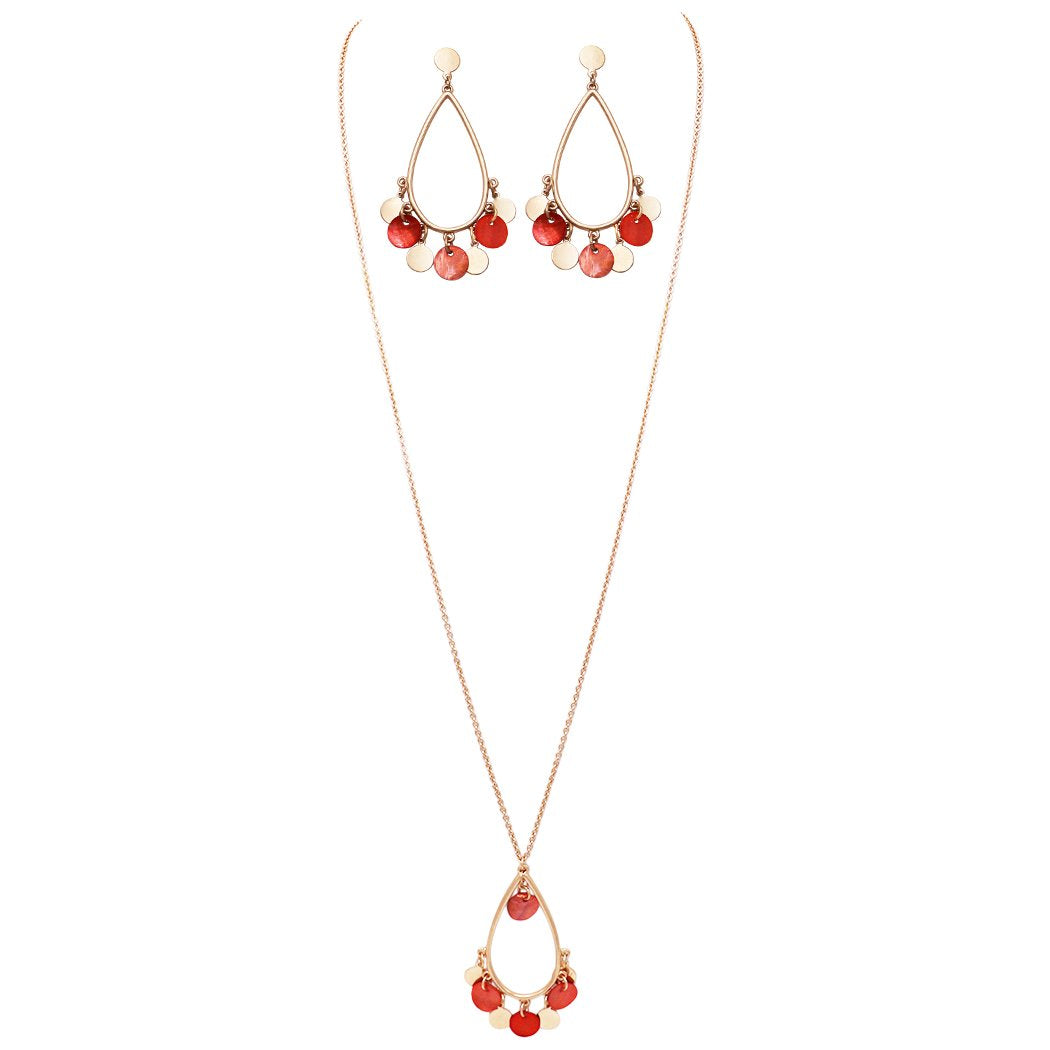 Women's Extra Long Mother of Pearl Coin Disc Necklace and Earring Jewelry Set, 30" to 33" with 3" Extender