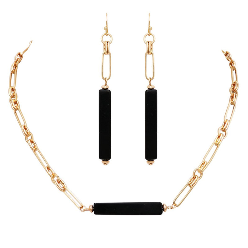 Stunning Black Natural Semi Precious Stone Bar Necklace Earring Set (Necklace Earring Set)