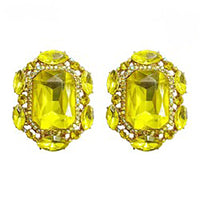 Stunning Statement Emerald Cut Crystal Clip On Style Earrings, 1.25" (Yellow Crystal Gold Tone)