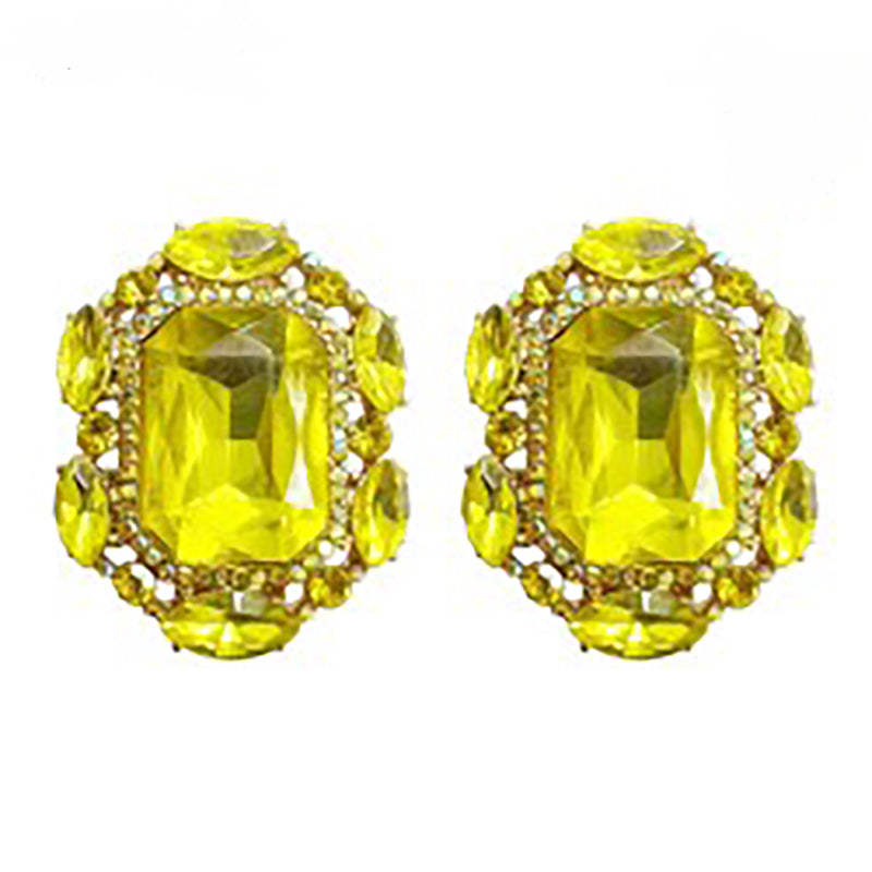 Stunning Statement Emerald Cut Crystal Clip On Style Earrings, 1.25" (Yellow Crystal Gold Tone)