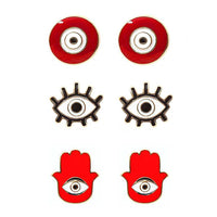 Set of 3 Enamel Coated Protective Talisman Evil Eye Hamsa Post Back Stud Earrings (Red)