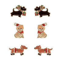 Wintertime Set of 3 Decorative Enamel Christmas Holiday Stud Earrings (Holiday Puppy Dogs Schnauzers Pomeranians Dachshunds)