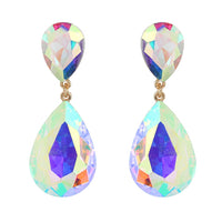 Double Teardrop Glass Crystal Statement Post Drop Dangle Earrings, 2" (AB Crystal Gold Tone)