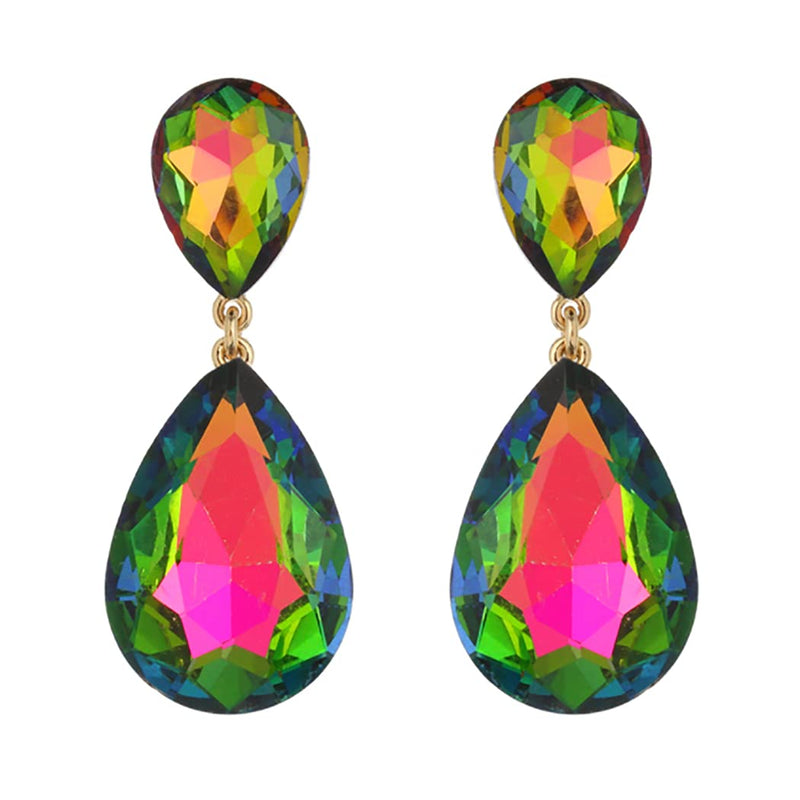 Double Teardrop Glass Crystal Statement Post Drop Dangle Earrings, 2" (Rainbow Vitrail Gold tone)