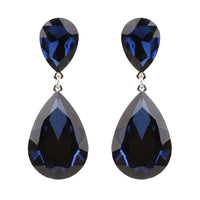 Double Teardrop Glass Crystal Statement Post Drop Dangle Earrings, 2" (Navy Blue Silver Tone)