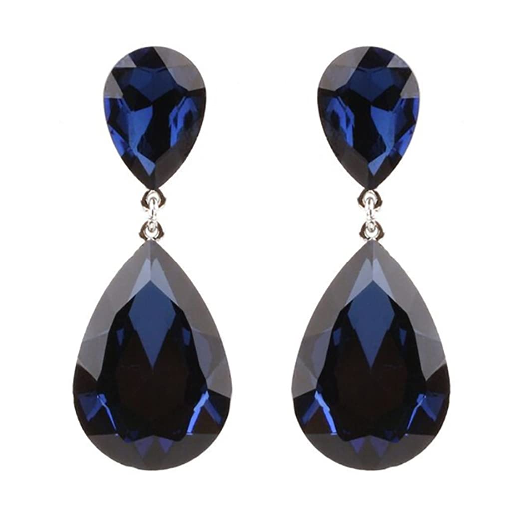 Double Teardrop Glass Crystal Statement Post Drop Dangle Earrings, 2" (Navy Blue Silver Tone)