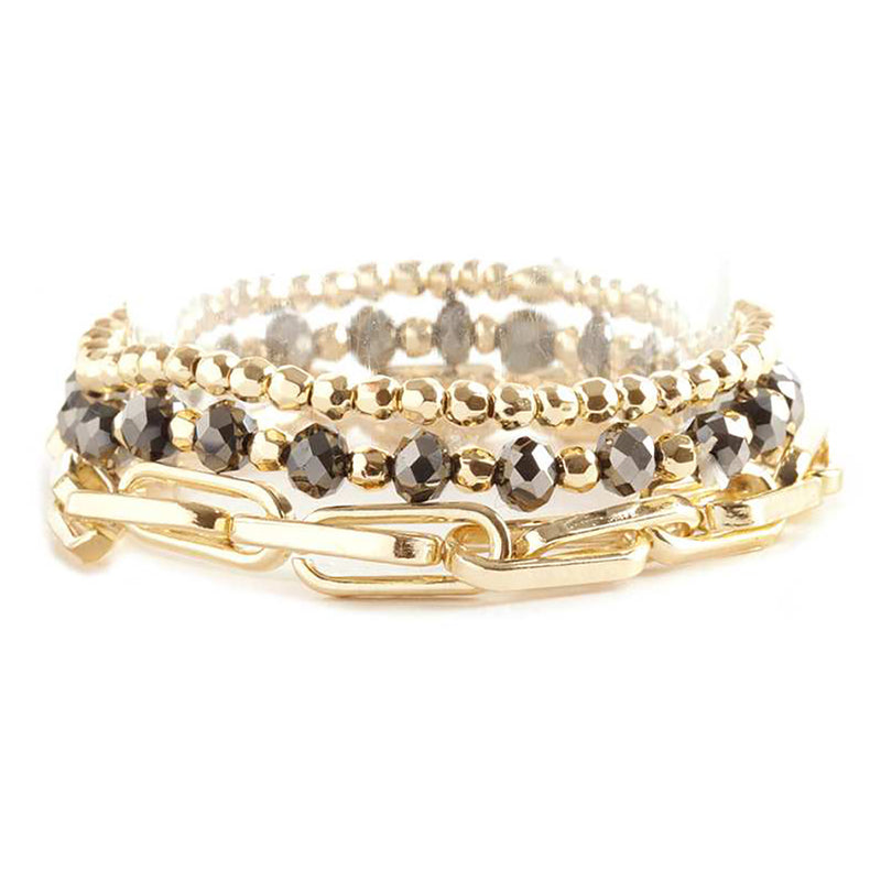 Stunning Faceted Crystal Metal Bead And Oblong Link Chain Stacking Stretch Bracelets Set of 3, 7" (Black Crystal)