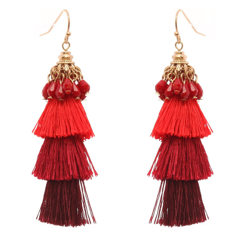 Crystal Bead Red Ombre Tassel Fashion Drop Earrings