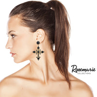 Stunning Crystal Rhinestone Embellished Statement Cross Hypoallergenic Post Back Dangle Earrings (3.12", Jet Black Crystal Gold Tone)