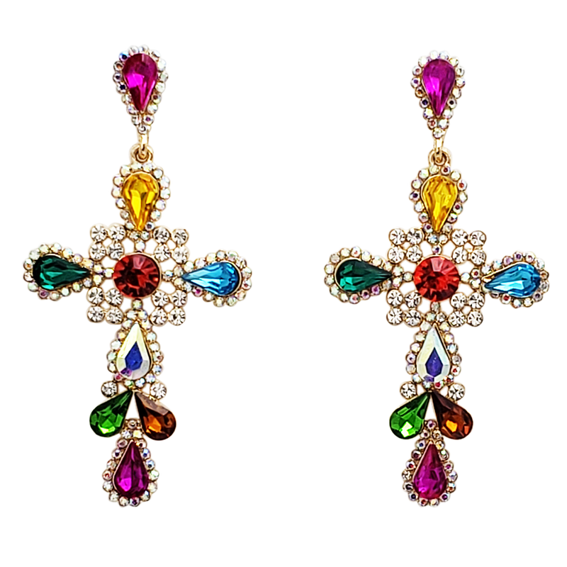 Stunning Crystal Rhinestone Embellished Statement Cross Hypoallergenic Post Back Dangle Earrings (3.25", Multicolored Rainbow Crystal Gold Tone)