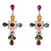 Stunning Crystal Rhinestone Embellished Statement Cross Hypoallergenic Post Back Dangle Earrings (3.25", Multicolored Rainbow Crystal Gold Tone)